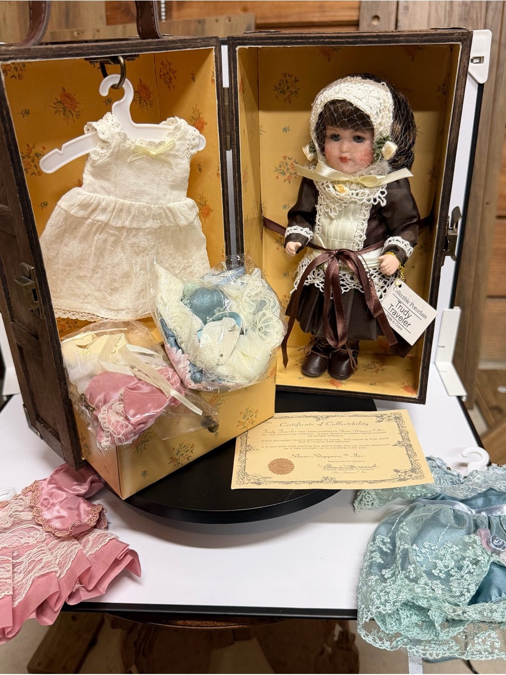Porcelain Collector Doll in Original Travel Case with 4 Outfits and Accessories